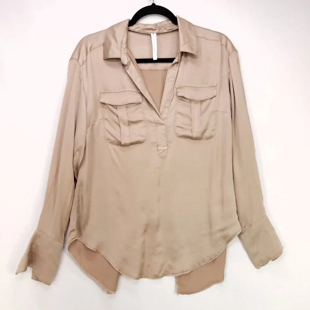 Anthropologie Sleek Satin Top V-Neck Long Sleeve Blouse Size Small Open Back - Picture 2 of 13